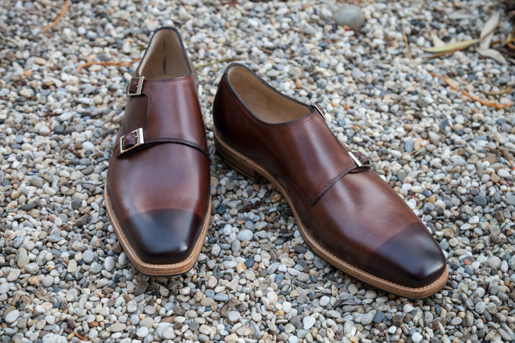 Maßschuhe für Herren, Halbschuhe, Doublemonk, zweifärbig aus braunem Leder, durchgenäht, Ledersohle