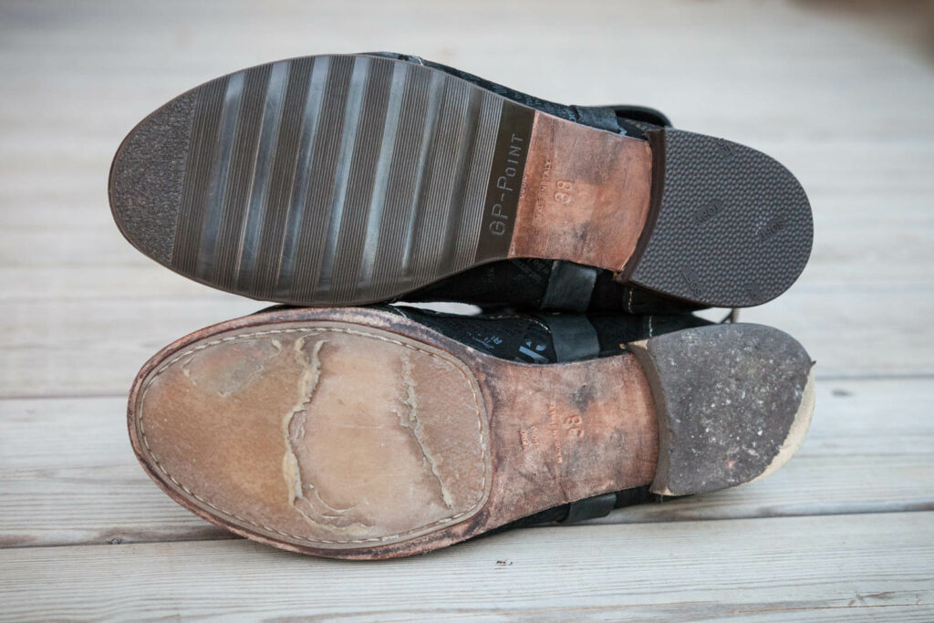Schuhreparatur Sohle, vorher/nachher